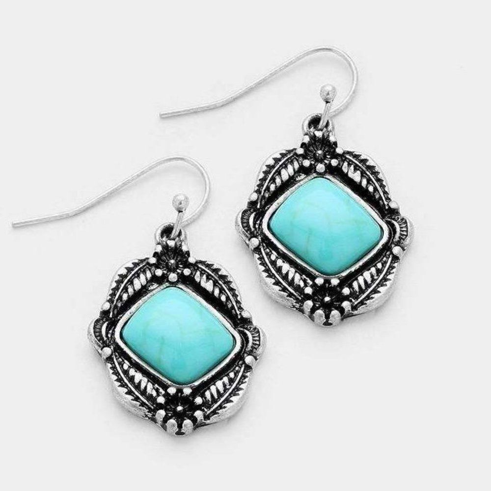Turquoise (faux) Antique Silver Burnished Earrings